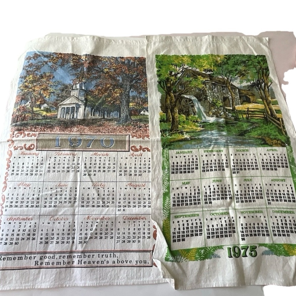 Calendar Hanging Towels Linen 1975 And 1979 Church Country Water Mill Crafting